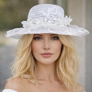 Vintage 1980s White Lace Bridal Wedding Hat Size XS 21" No Veil Floral Trim